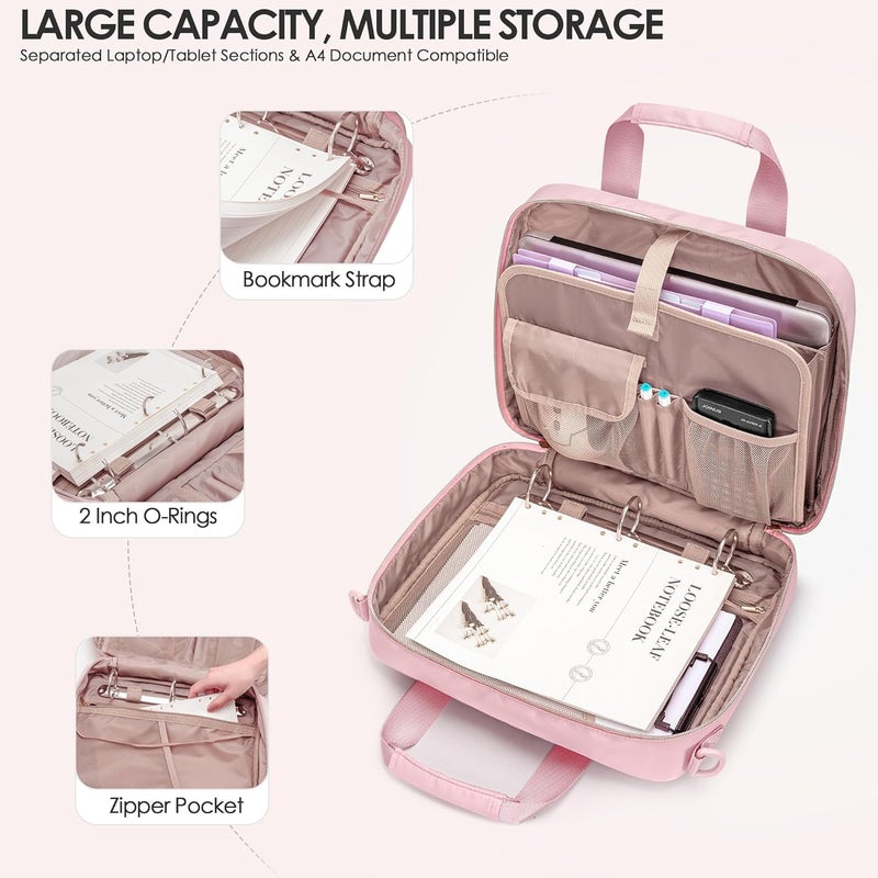 Prokva 3 Ring Zipper Binder, 2 Inch Ring Binder Organizer Bag with Shoulder Strap Fits 13 Inch Laptop and 500 Sheets, Pink (Empty Bag Only) - Image 3
